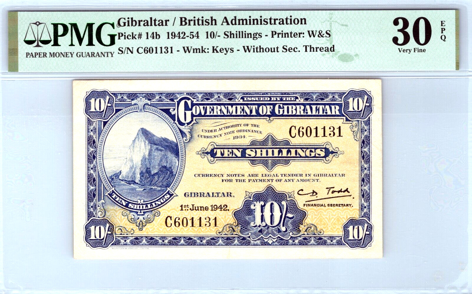 Gibraltar 10/- Shillings 1942 Pick# 14b PMG 30 EPQ Very Fine