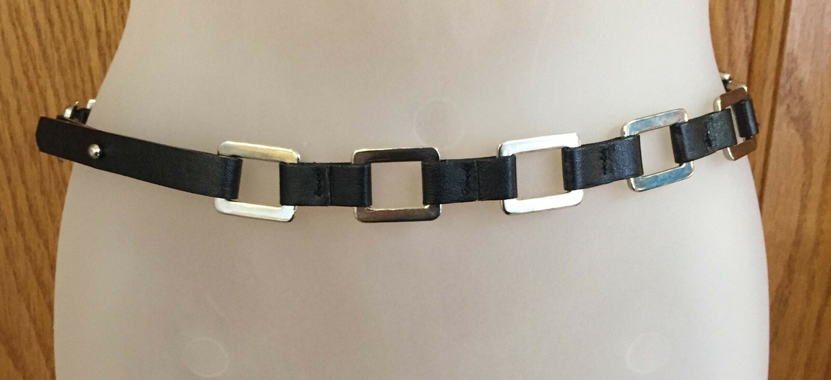 Black Belt Silver Tone Metal Links w/ Faux Leather Straps 29