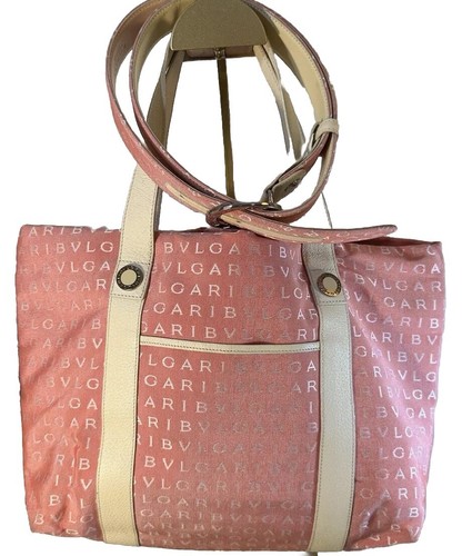 BVLGARI Bulgari Logo Mania Canvas Pink Leather Tote Shoulder Bag Purse And Belt