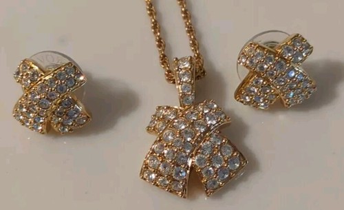 3-teiliges Swarovski Halskette & Ohrringe Set Pave Kristall Band goldfarbene Kette 16 Zoll Vintage