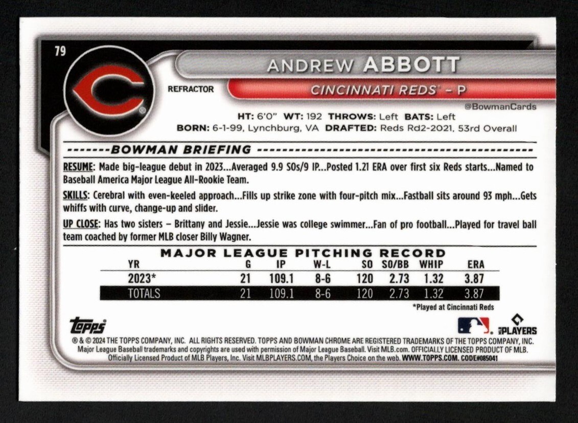 Andrew Abbott 2024 Bowman Chrome Refractor Rookie RC SP 461