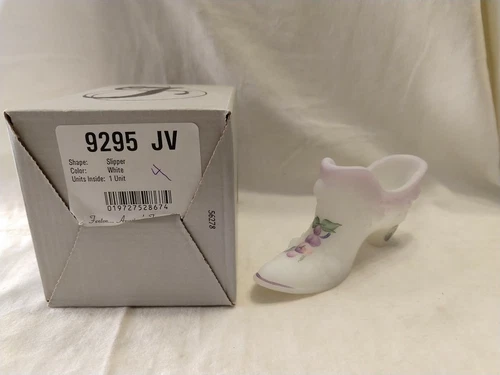 Vintage Fenton Art Glass White Satin hand painted plums slipper 9295 JV;NIB