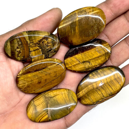 6 Pcs Natural Tiger Eye 40-44mm Oval Huge Cabochon Gemstones Wholesale Lot - Picture 3 of 17