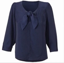 CAbi Navy Blue Knot Blouse Micro Swiss Dot Tie Neck Lightweight Silky #5525
