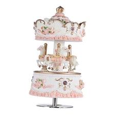 Carousel Music Boxes for Girls 3-Horse Rotating Windup Melody Pink and White