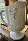 Milk Glass Pitcher Indiana Colony Harvest Grape 10" White Footed Ice Lip 70s Vtg