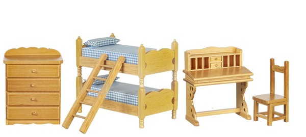 Puppenhaus Eiche Schlafzimmer MöBel Set Mit Etagenbett & Tisch Miniatur 1:12 Maß-image