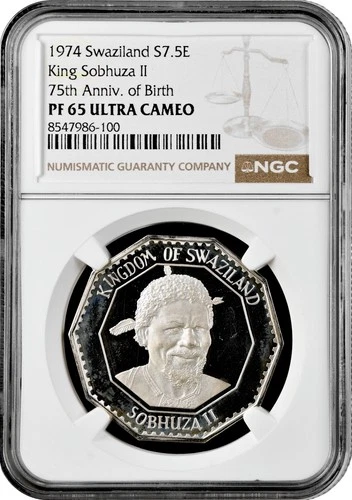 Swaziland 7.5 emalangeni 1974, NGC PF65 UC, "75th An - Birth of King Sobhuza II"