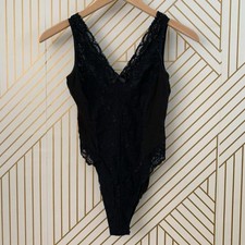 Vintage Lace  Cotton Teddy V neck panels bow lace trim bodysuit lingerie Teddy