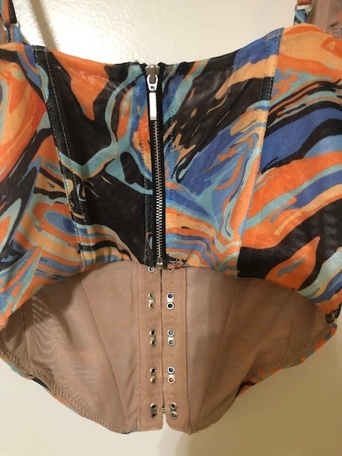 White Fox Womens Small Multicolor Marble Print Full Zip Bustier Corset Crop Top - Image 3 of 4