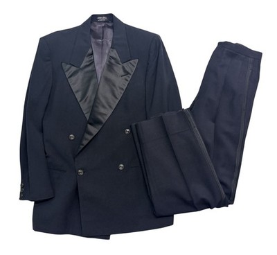 vtg 50s Double Breasted Tuxedo 40S 30x30 Black Satin Formal Wool Evening Tux