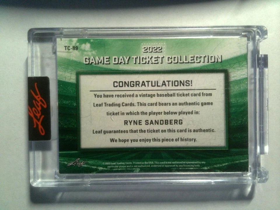 2022 Leaf Game Day Ticket Collection - Authentic Game Ticket - Ryne Sandberg - Image 2 of 2