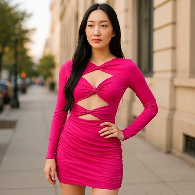 neon pink ruched dress V-Neck Empire-Waist Tight Ruched Short Dress 6767S Neon Pink / XSmall