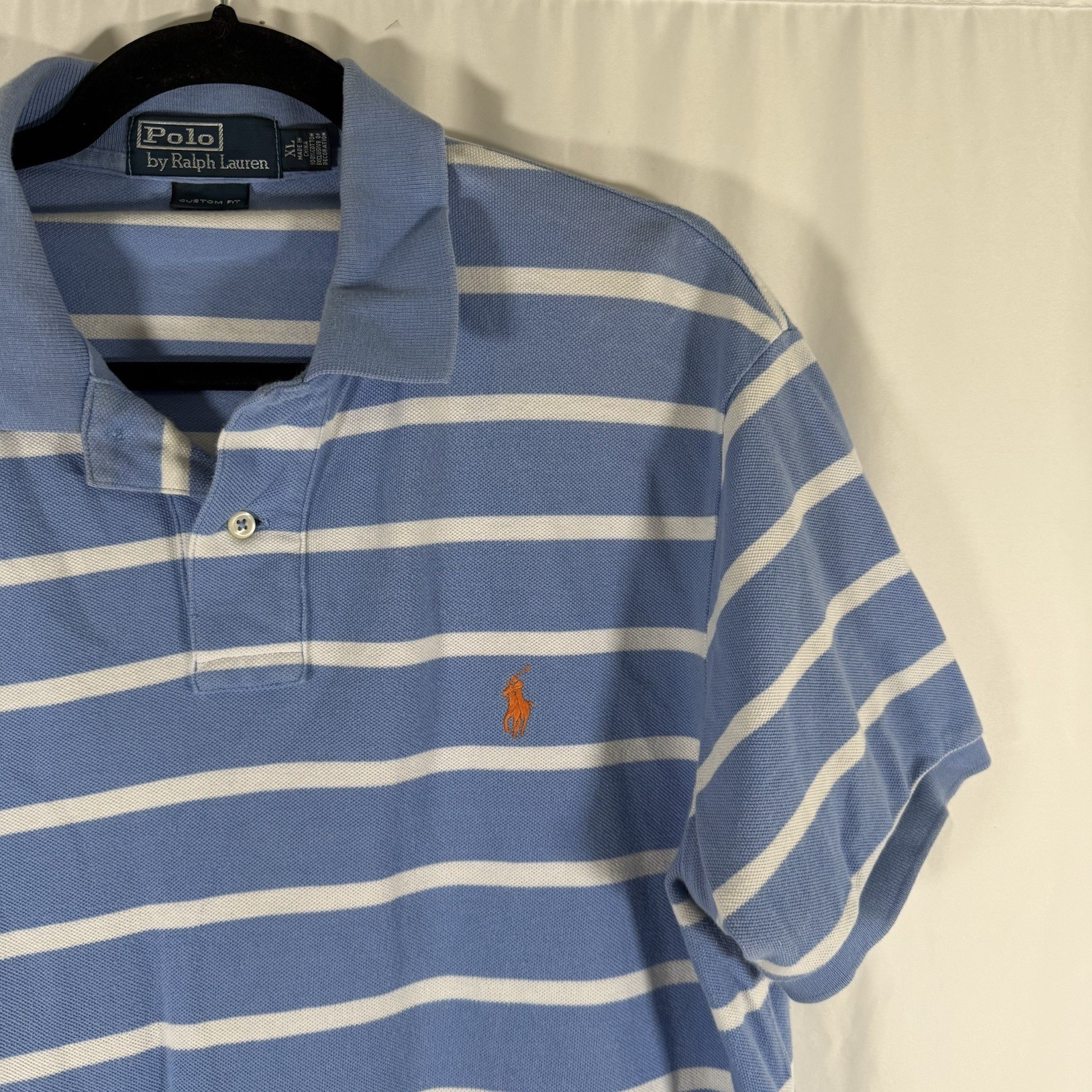 Polo Ralph Lauren Polo Shirt Mens XL Blue Striped Short Sleeve Custom Fit Cotton thumbnail 2