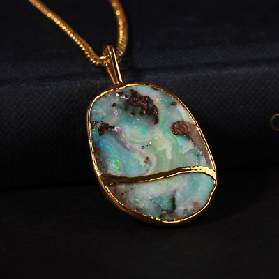 Vintage Australian 15ct Large Boulder Opal Pendant 999 Silver Gold Plated