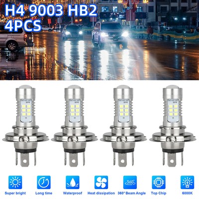 4PCS H4 9003 LED Headlight Kit High Low Beam Bulb Super Bright 6000K White US