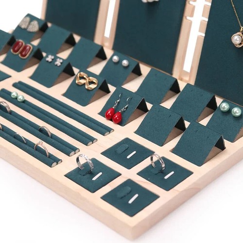 1 Set Wood Jewelry Display Stand Rack Necklace Earrings Rings Organizer Tray - Picture 3 of 17