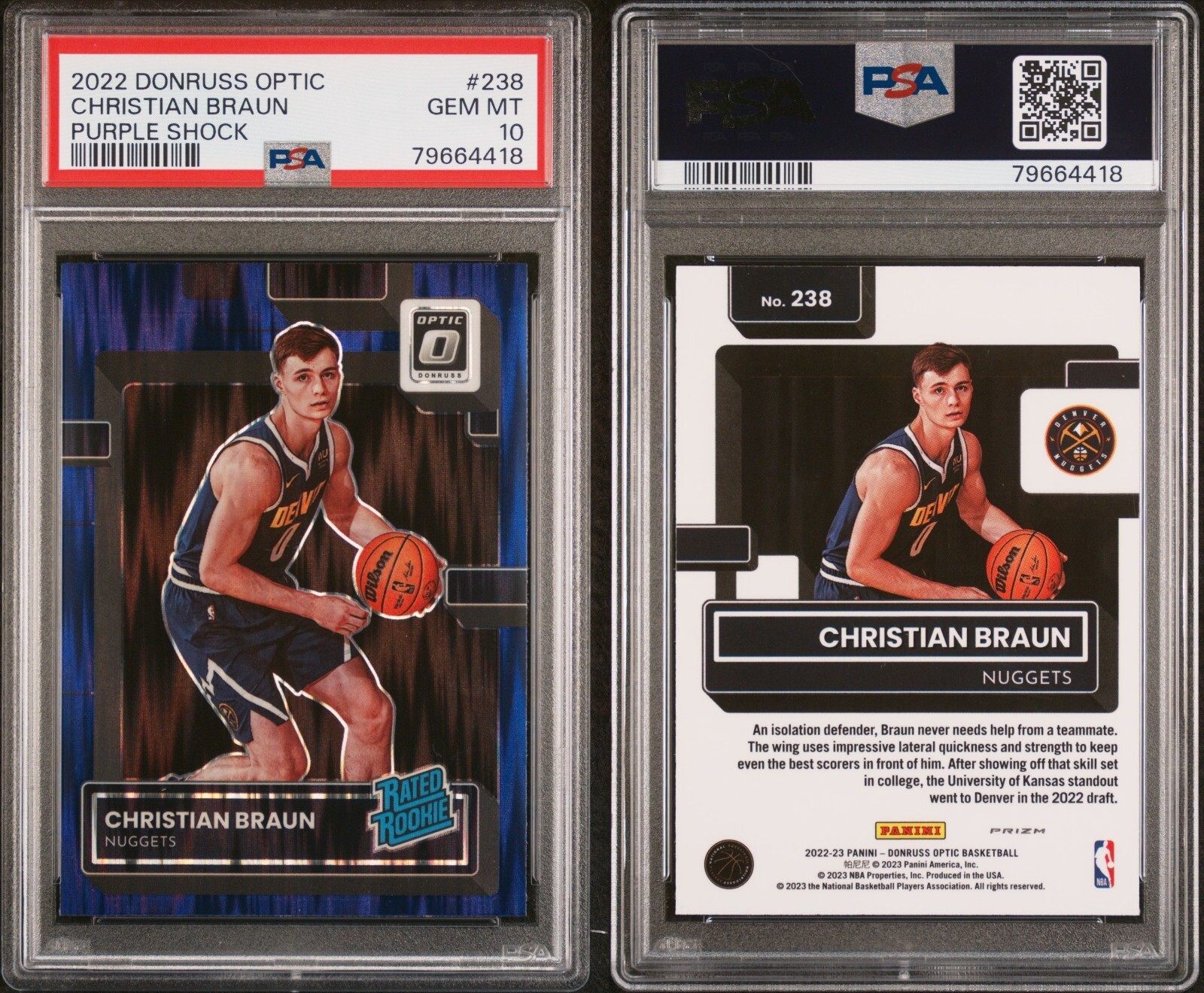 PSA 10 2022-23 Donruss Optic Purple Shock #238 Christian Braun RC Nuggets POP3