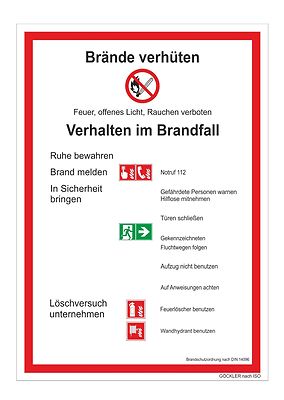 Brandschutzordnung Teil A Brände verhüten DIN 14096 Aushang Schild Aufkleber BSO
