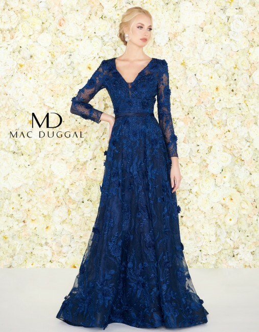 MAC DUGGAL 20108D Темно-синее кружевное платье с длинными рукавами и цветочной 3D-аппликацией 4
