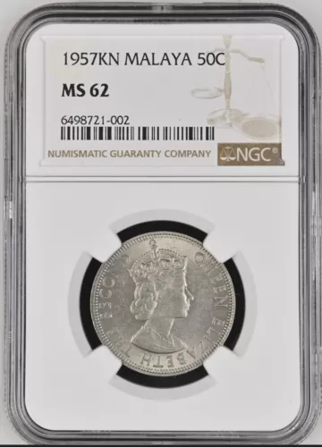 MALAYA and BRITISH NORTH BORNEO 50 Cents 1957-KN, NGC MS62 UNC, KEY DATE.   A23