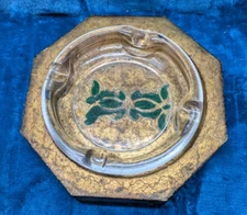 Vintage 1970s 6" Cigar Ashtray Clear Glass  7.5" Octagon Wood Base Italy