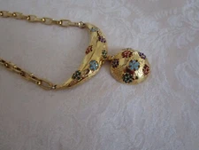 Vintage Rare Lucien Piccard Rhinestone Flower Crescent Dome Pendant Necklace VG
