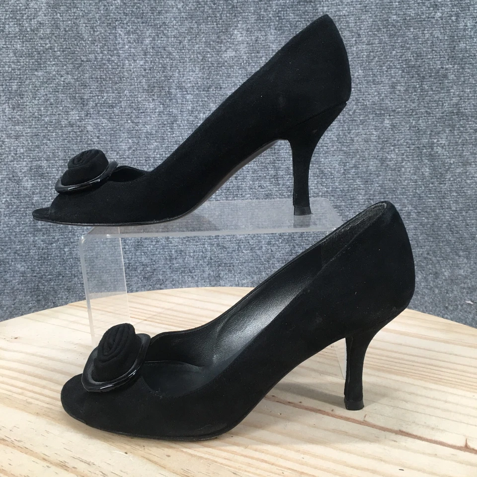 Sandalias Stuart Weitzman para mujer 7,5 M zapatos sin cordones negros gamuza tacones lazo punta abierta Foto 2 de 4