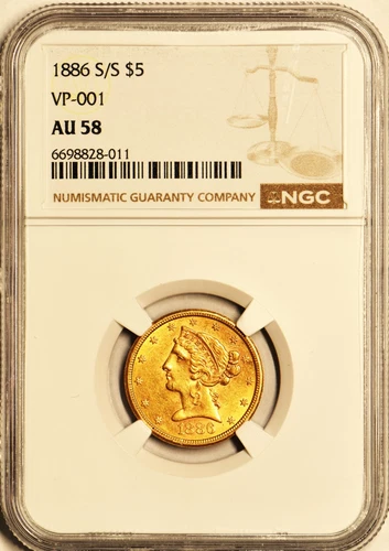 1886 S/S $5 Gold Liberty Half Eagle NGC AU-58; VP-001
