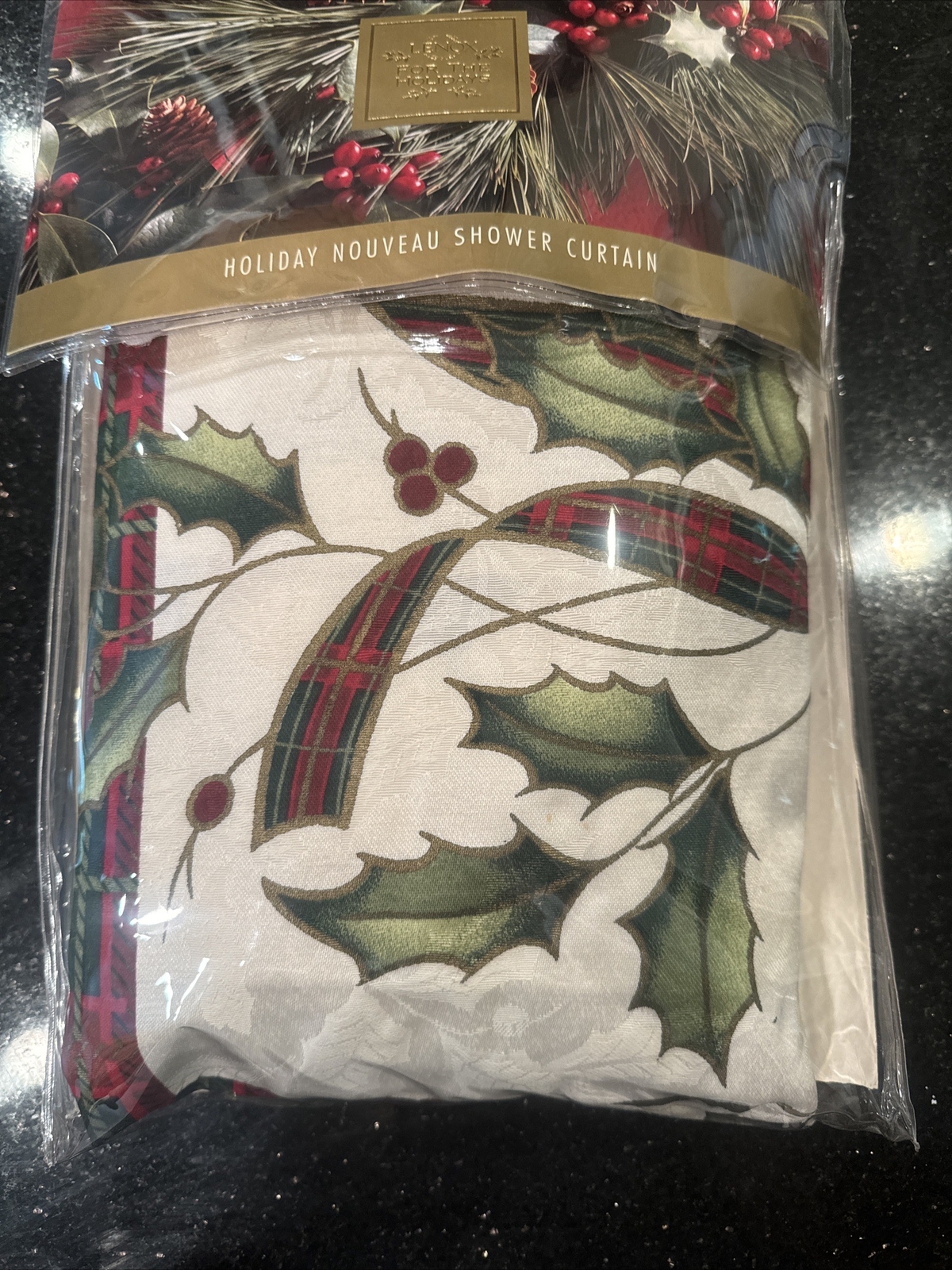 LENOX HOLIDAY NOUVEAU Plaid & Holly Cloth SHOWER CURTAIN eBay