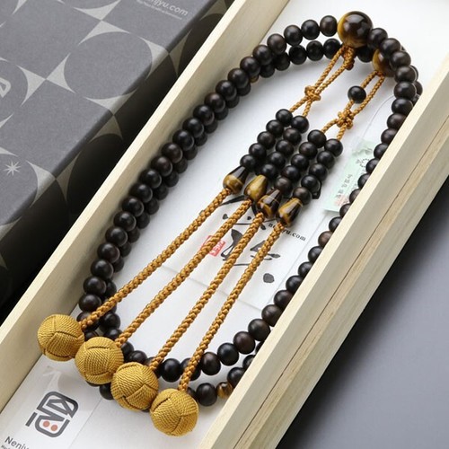 Nichiren Buddhist Juzu Glossy Ebony & Tiger Eye Kyoto Made 108 Beads Men 's JP - 第 2/10 張圖片