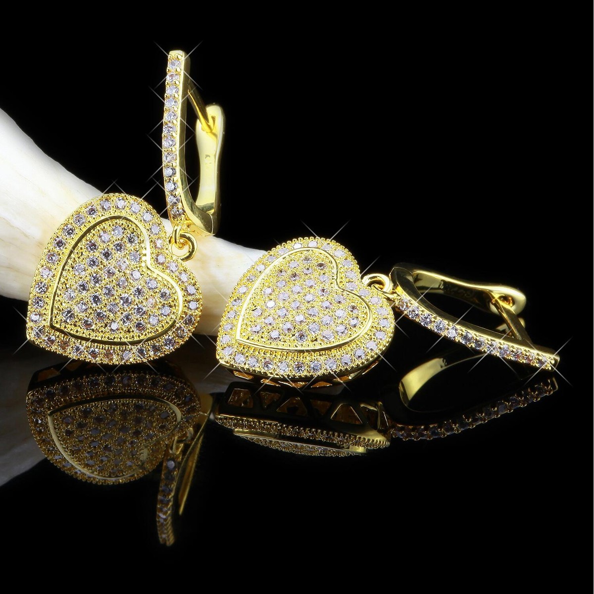 Women's Earrings Gold Plated Heart Dangle Zirconia White 750 GOLD 18 Karat  O2811