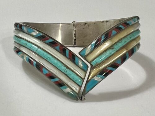 ZUNI Sterling Silver Multi Stone Stripe Inlay V-Front Hinged Cuff Bracelet 56.5g