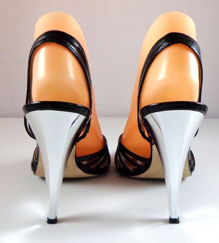 Via Spiga Slingbacks Womens Black Leather Silver High Heel Shoes Size 9 M - Picture 4 of 12