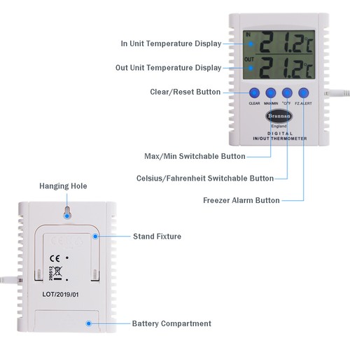 TERMOMETRO DIGITALE MAX MIN FRIGORIFERO CONGELATORE MISURATORE DI TEMPERATURA CON SONDA 12/412/3 - Foto 2 di 6