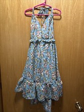 Women’s Blue Floral Dress Neck Adj Tie Straps Elastic Waist Size M (6)