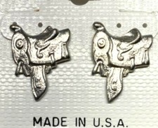 Country Western Cowboy Saddle Pierced Earrings Silver Plate Made in USA OSC NEW