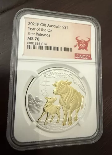2021 Australia GILDED Silver Lunar Year of the OX NGC MS 70 1oz Coin FR GILT