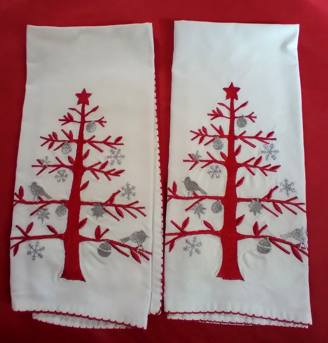 Crate Barrel Set of Christmas Tree Embroidered Kitchen Towels