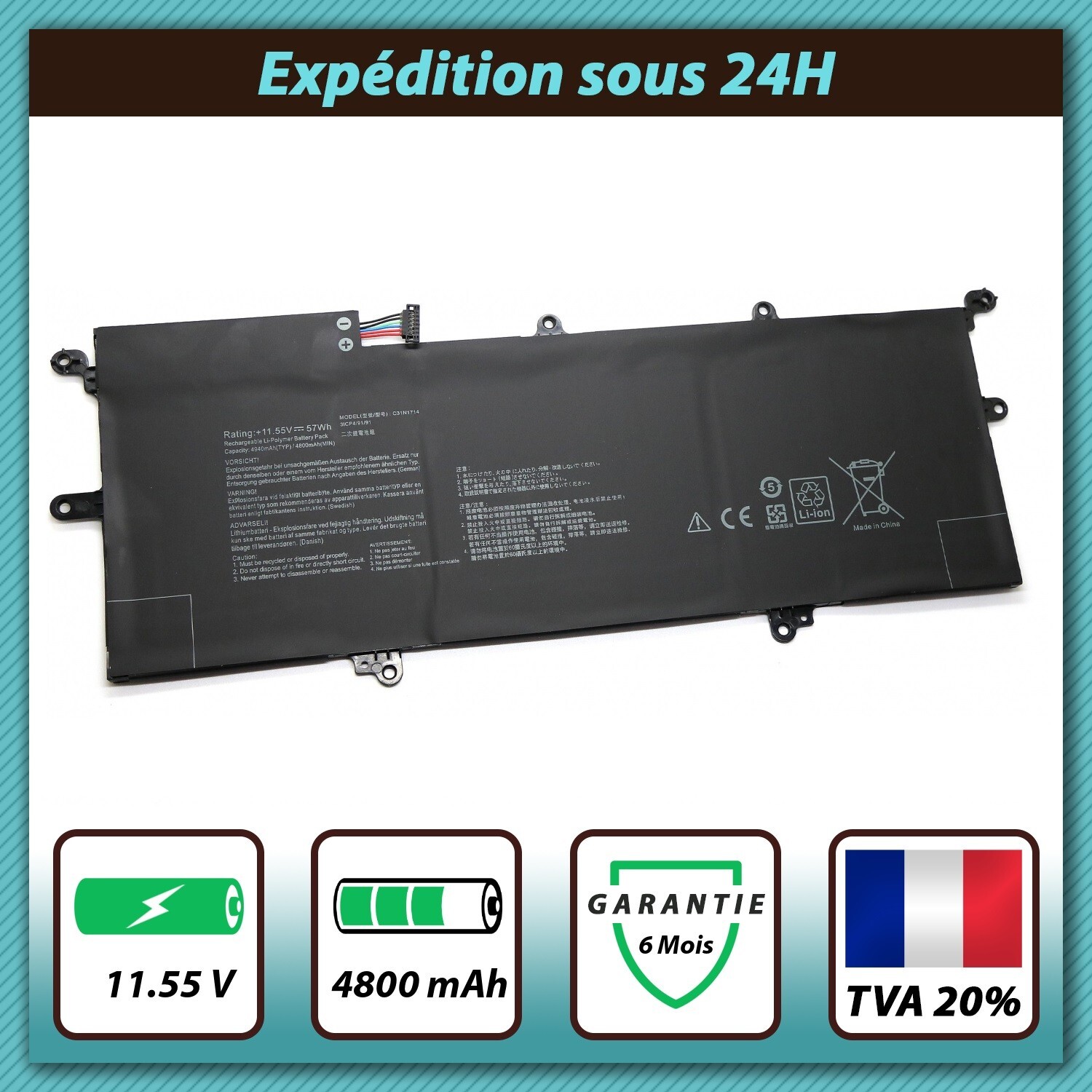 Batterie Asus 0B200-02750000 compatible 11.55V C31N1714 PC portable
