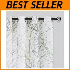 Sage Green Tree Branch Print Linen Curtains - 84" Semi-Sheer Grommet Panels Pair