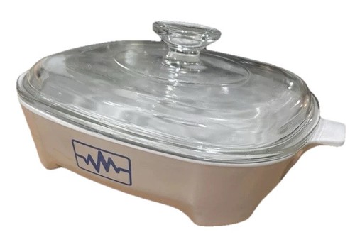 Corning Ware Blue Radio EKG Wave Microwave Brown-N-Sear M-W9 Pyrex A-9C Lid VTG - Picture 2 of 8