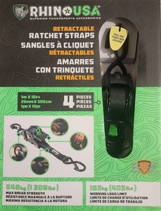 Rhino USA Retractable Ratchet Straps 4-Pack Heavy Duty 1x10ft Tie Black
