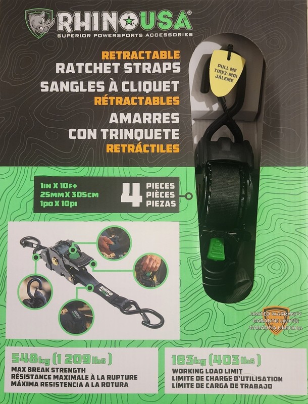 Rhino USA Retractable Ratchet Straps 4-Pack Heavy Duty 1x10ft Tie Black