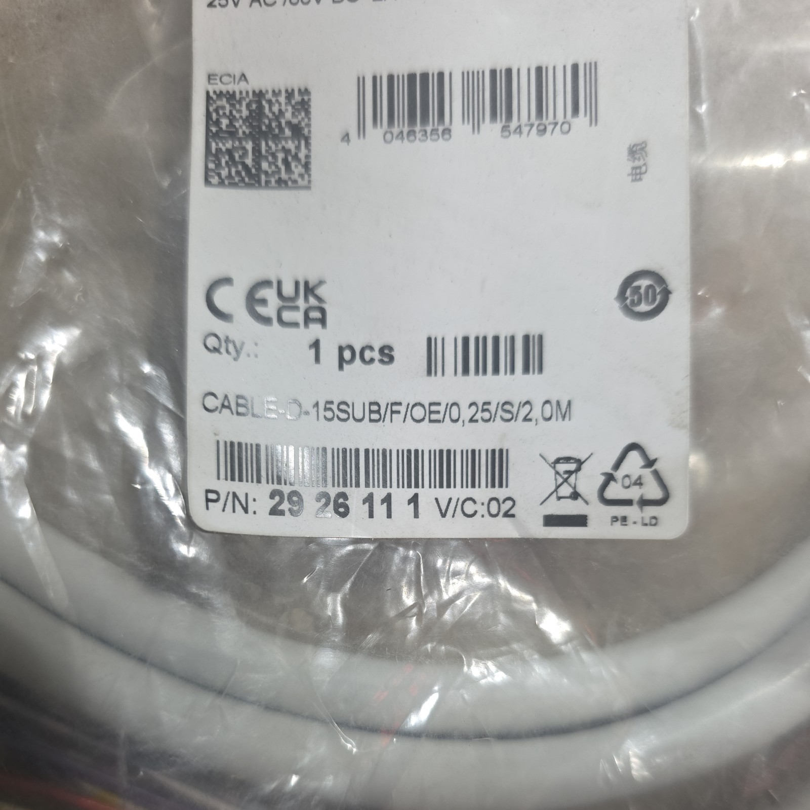 Phoenix contact cable-d-15sub/f/oe/0,25/s/2,0m