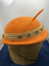 Vtg Cloche Orange Wool Hat Feather 1930