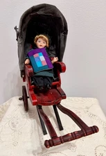 Vintage Wood & Metal Buggy Stroller Carriage With Porcelain Amish Doll