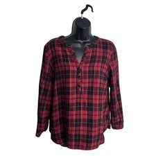 Talbots Women Medium Petite Plaid Half Button Red Shirt Casual Momcore Retro 90