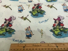 Sold By The Yard.  Peter Pan Captain Hook On Light Blue . For Quilts Crafts.