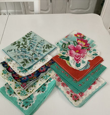Vintage Ladies Hankies Lot Of 10 containing Shades of Teal Aqua /Seafoam Green
